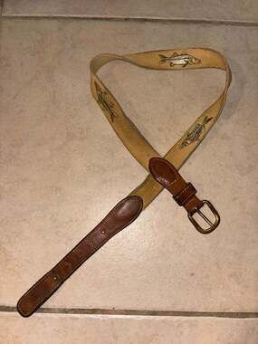 Leather Man Ltd. Embroidered Snook Fish Canvas & Leather Belt Size 34